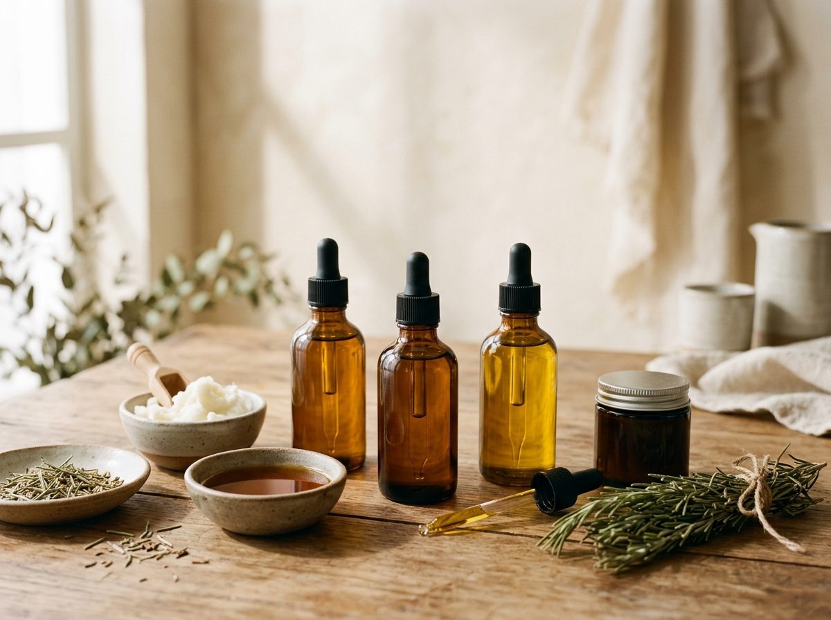 Artisanal botanical formulation workbench with amber glass droppers, plant oils, and pure shea butter