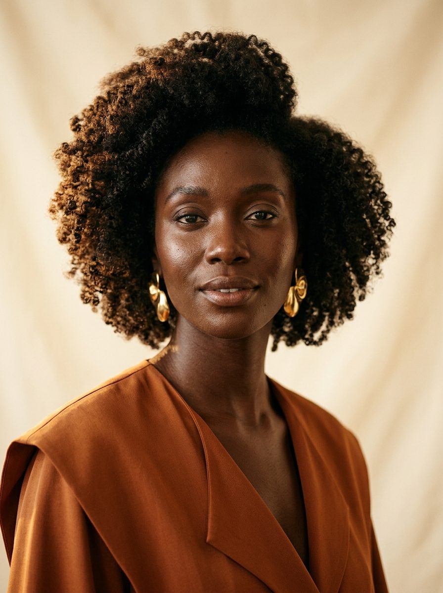 Editorial close-up portrait of beautiful natural textured hair in warm earth tones